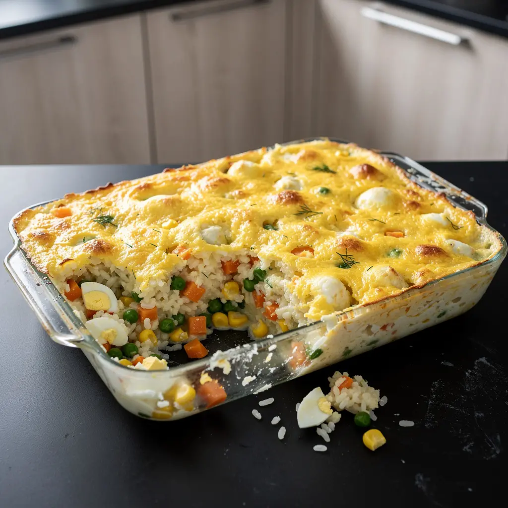 Zapiekanka ryżowa z warzywami i jajkiem na twardo