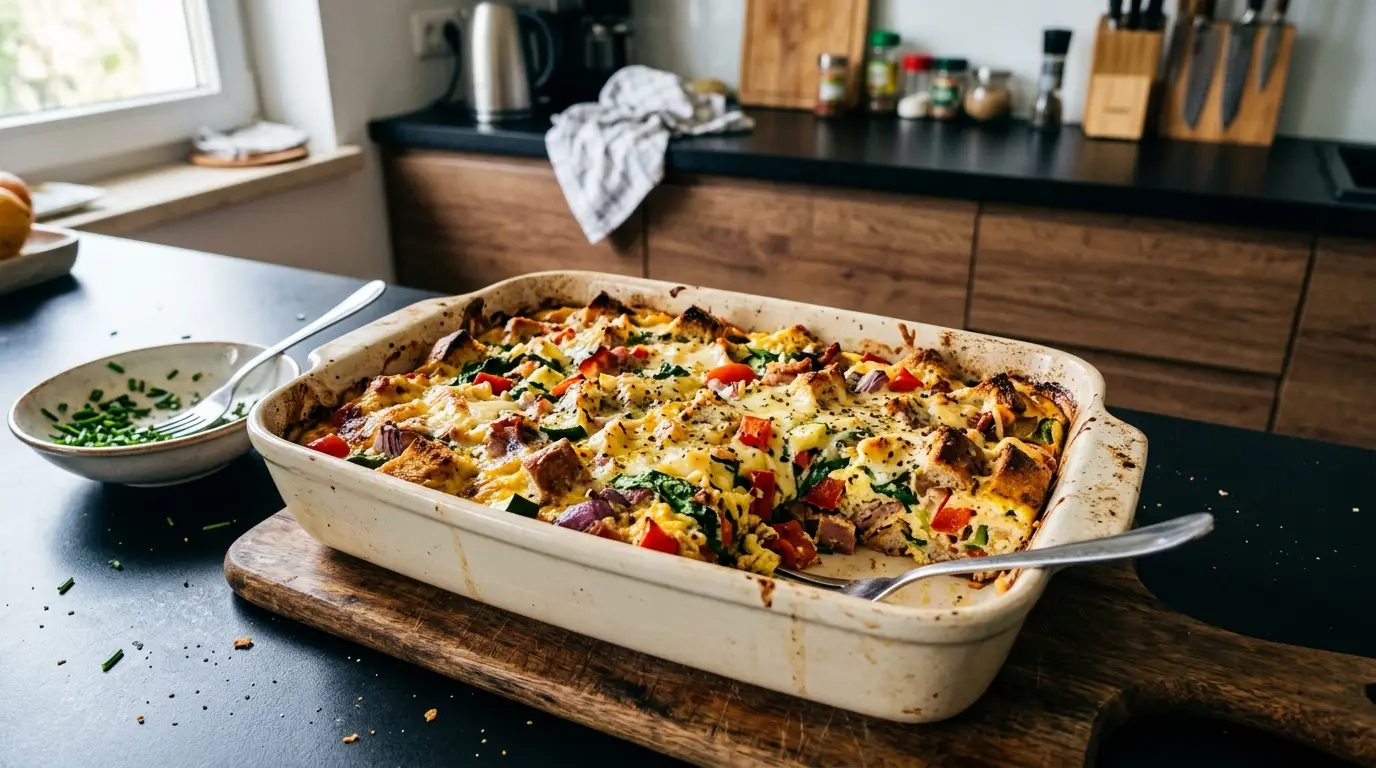Zapiekanka śniadaniowa z bułką, jajkiem i warzywami