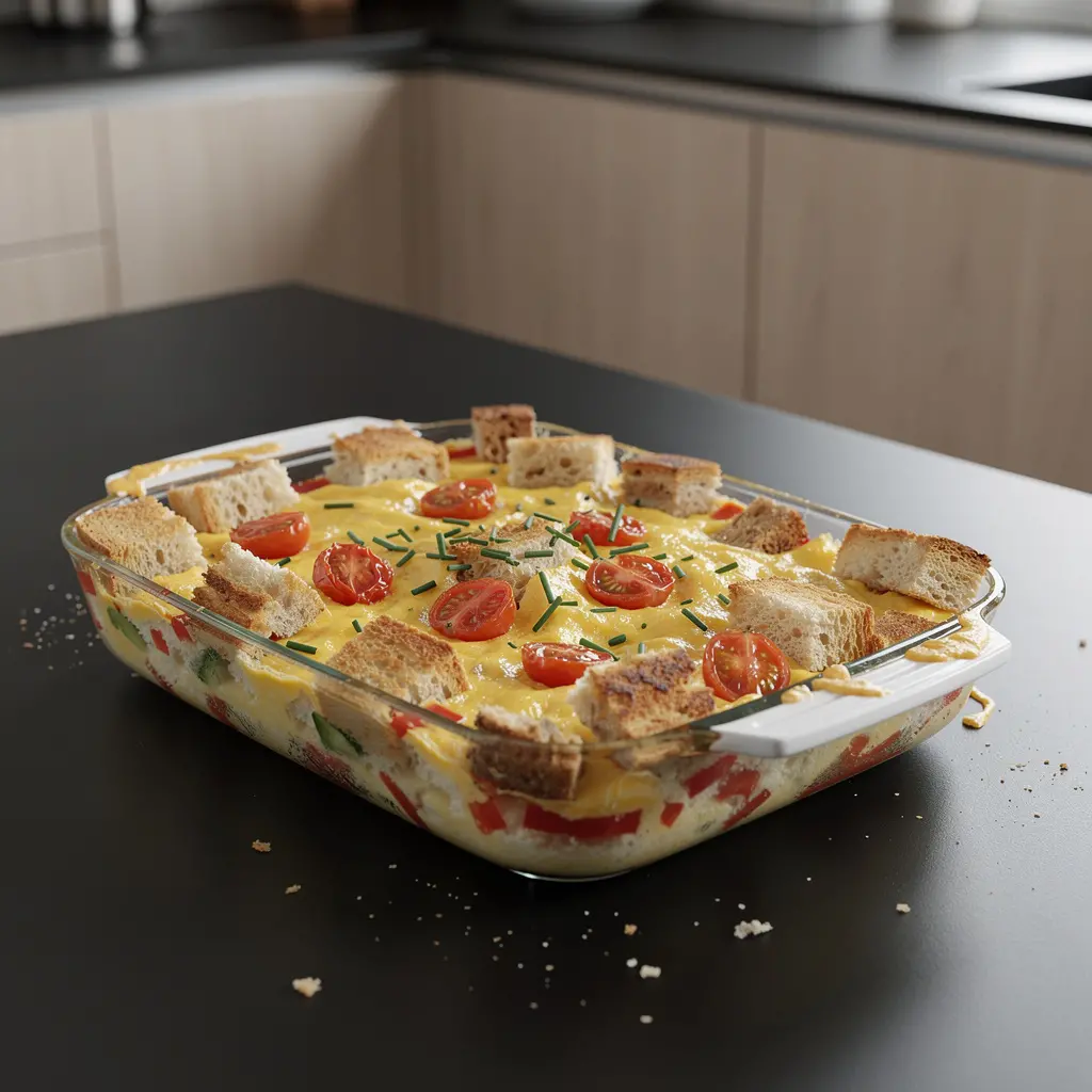 Zapiekanka śniadaniowa z bułką, jajkiem i warzywami