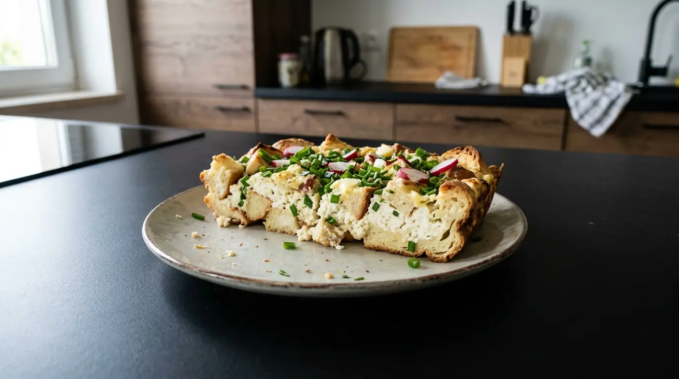 Zapiekanka śniadaniowa z bułką, twarogiem i szczypiorkiem