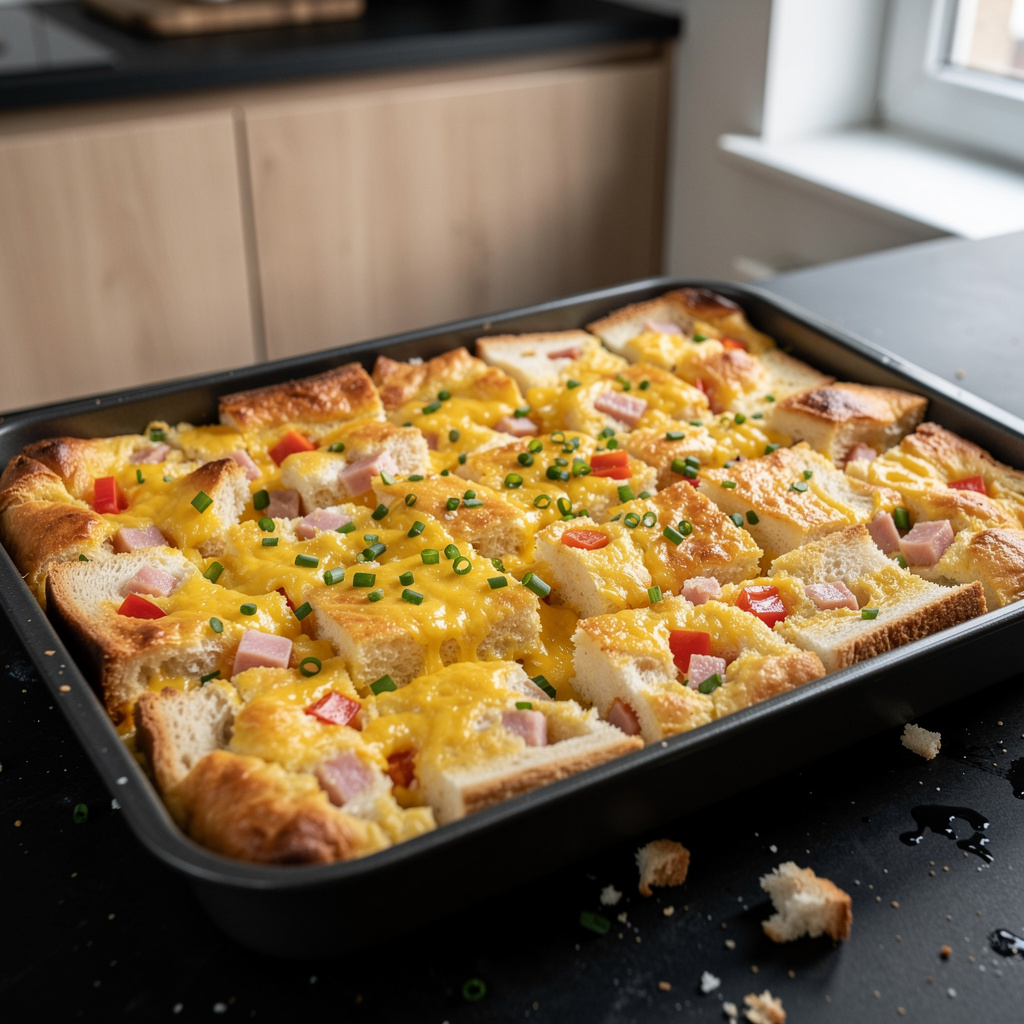 Breakfast Casserole with Eggs, Bread and Cheese