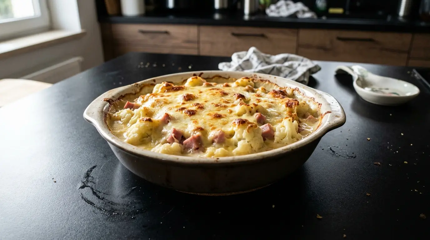 Zapiekanka z kalafiorem, szynką i sosem serowym