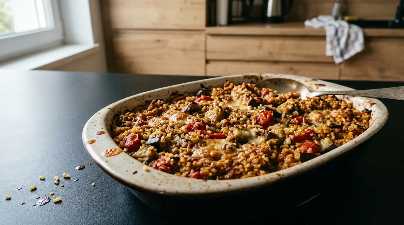 Zapiekanka z kaszą bulgur, bakłażanem i pomidorami