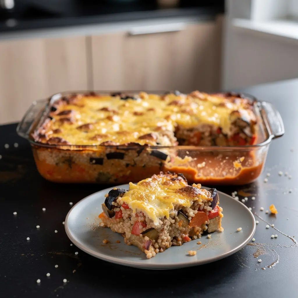 Zapiekanka z kaszą bulgur, bakłażanem i pomidorami