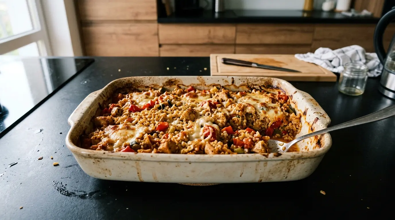 Zapiekanka z kaszą bulgur, kurczakiem i warzywami