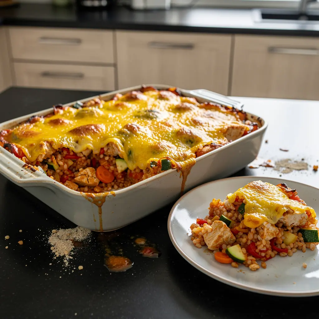 Zapiekanka z kaszą bulgur, kurczakiem i warzywami