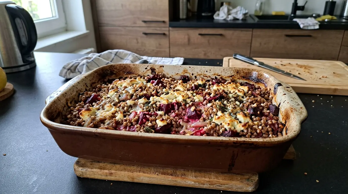 Zapiekanka z kaszą gryczaną, burakami i fetą