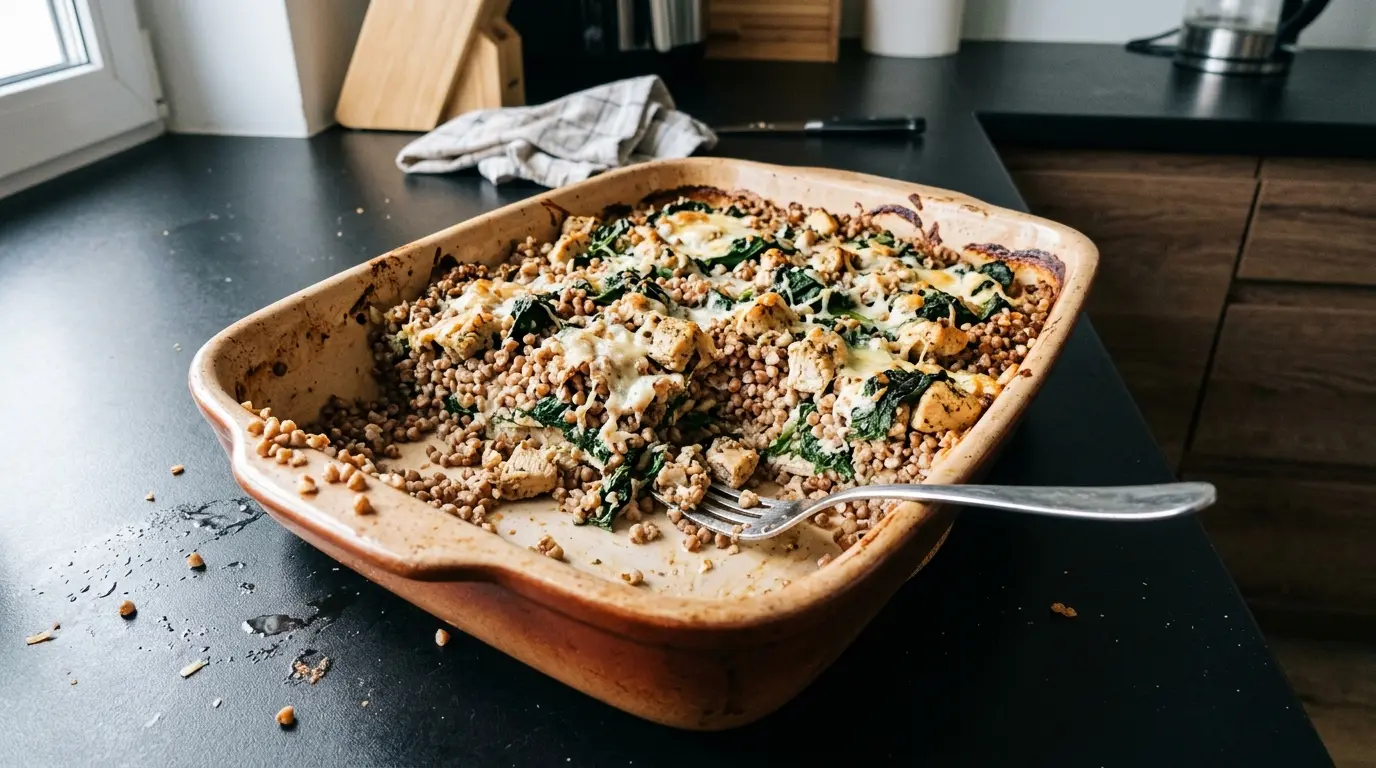 Zapiekanka z kaszą gryczaną, kurczakiem i szpinakiem