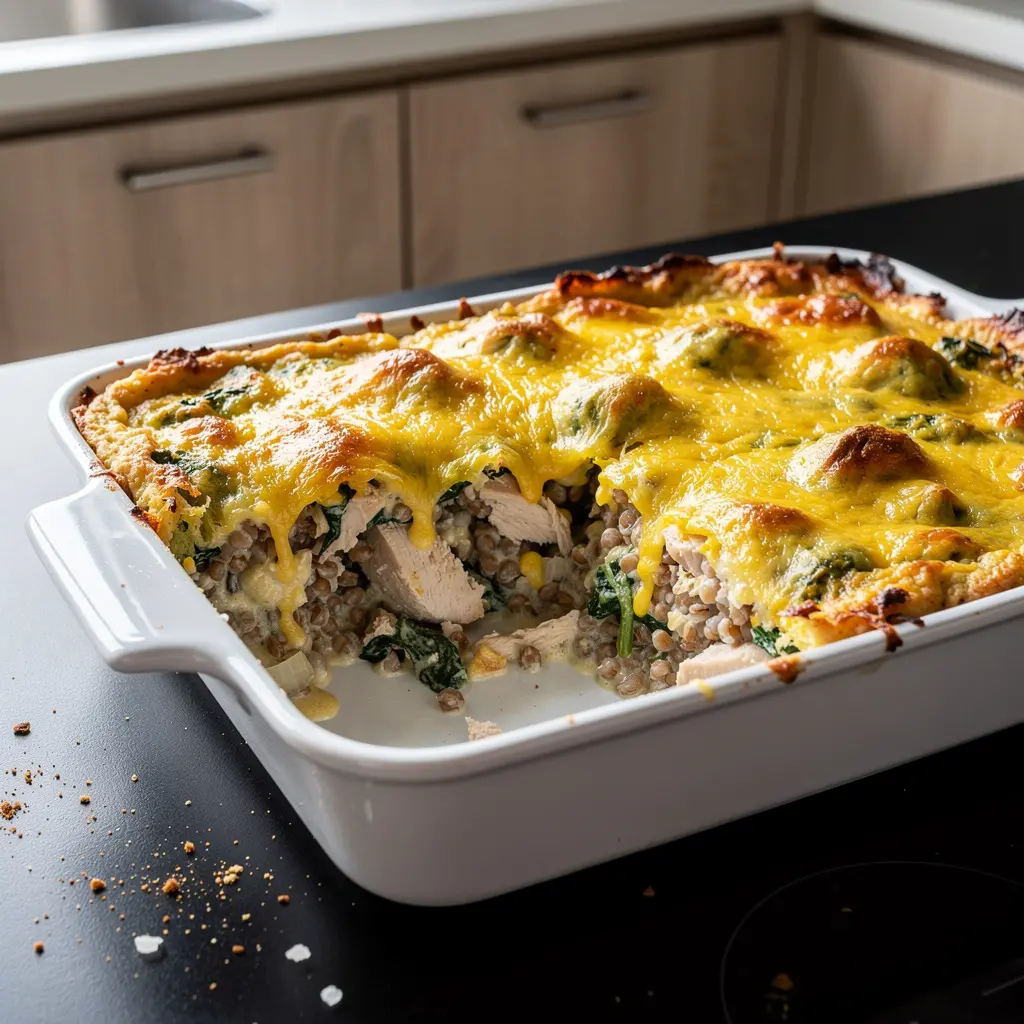 Zapiekanka z kaszą gryczaną, kurczakiem i szpinakiem