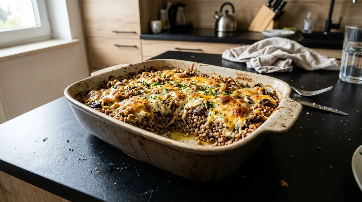 Buckwheat bake with mushrooms and cheese