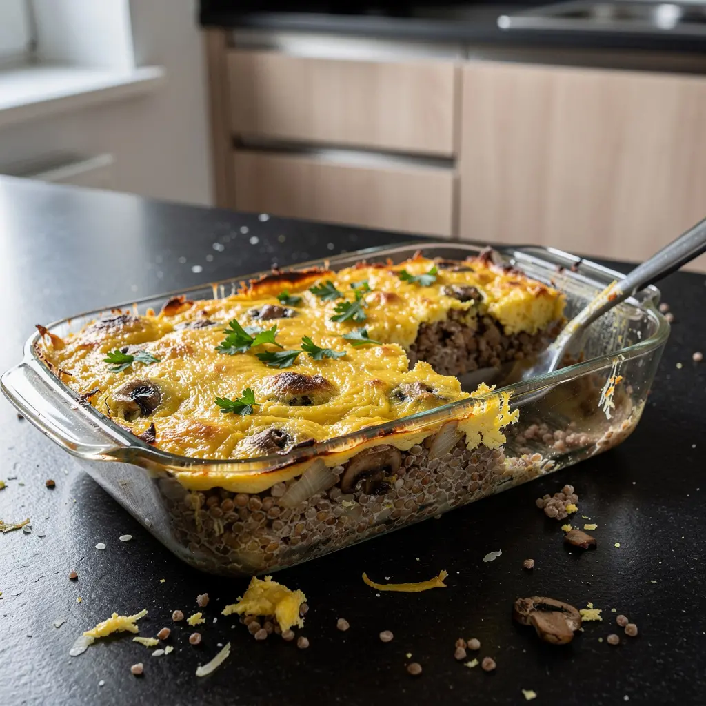 Teglia di grano saraceno, funghi champignon e formaggio