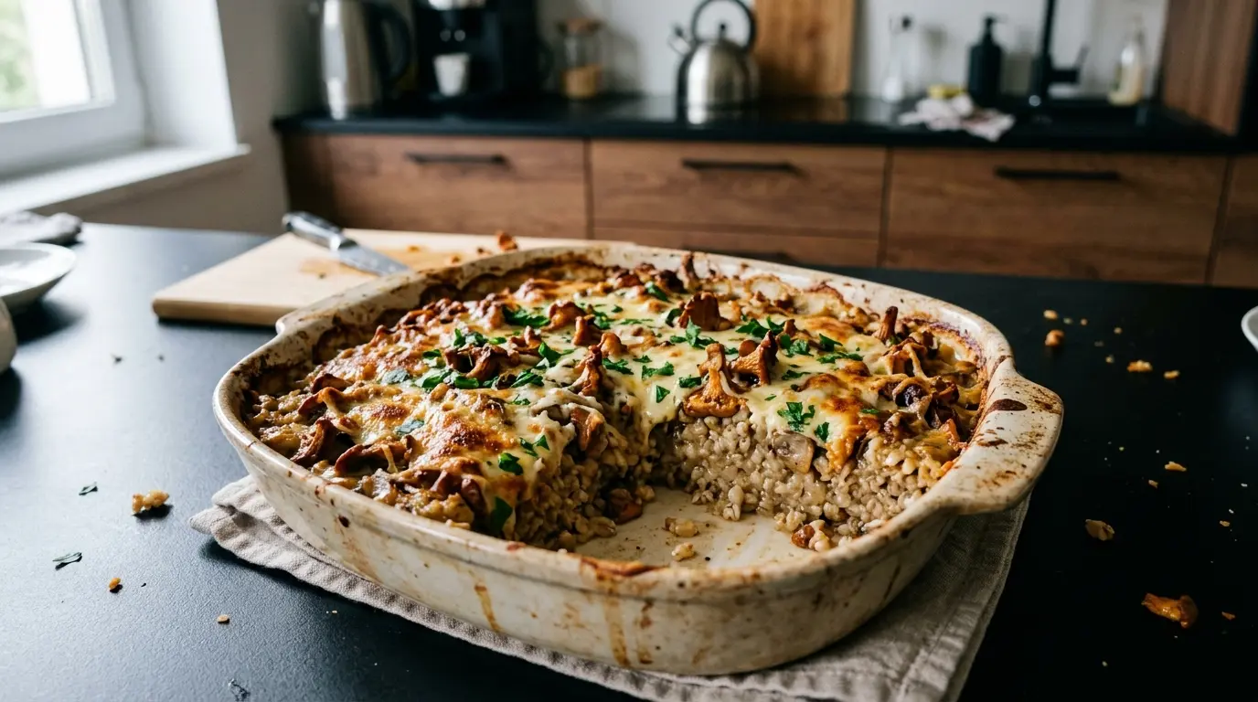 Zapiekanka z kaszą jęczmienną, kurkami i serem