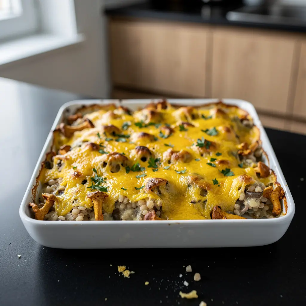 Zapiekanka z kaszą jęczmienną, kurkami i serem
