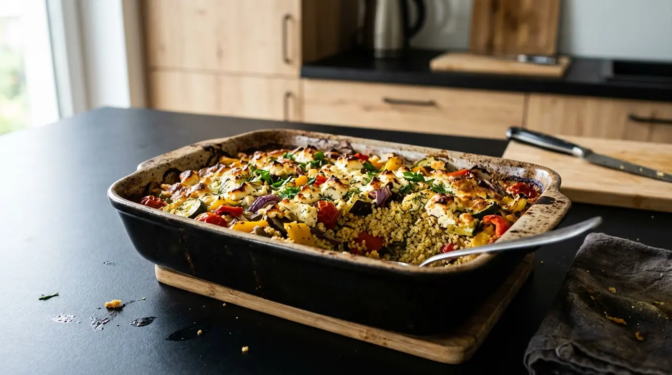 Zapiekanka z kaszą kuskus, warzywami i fetą