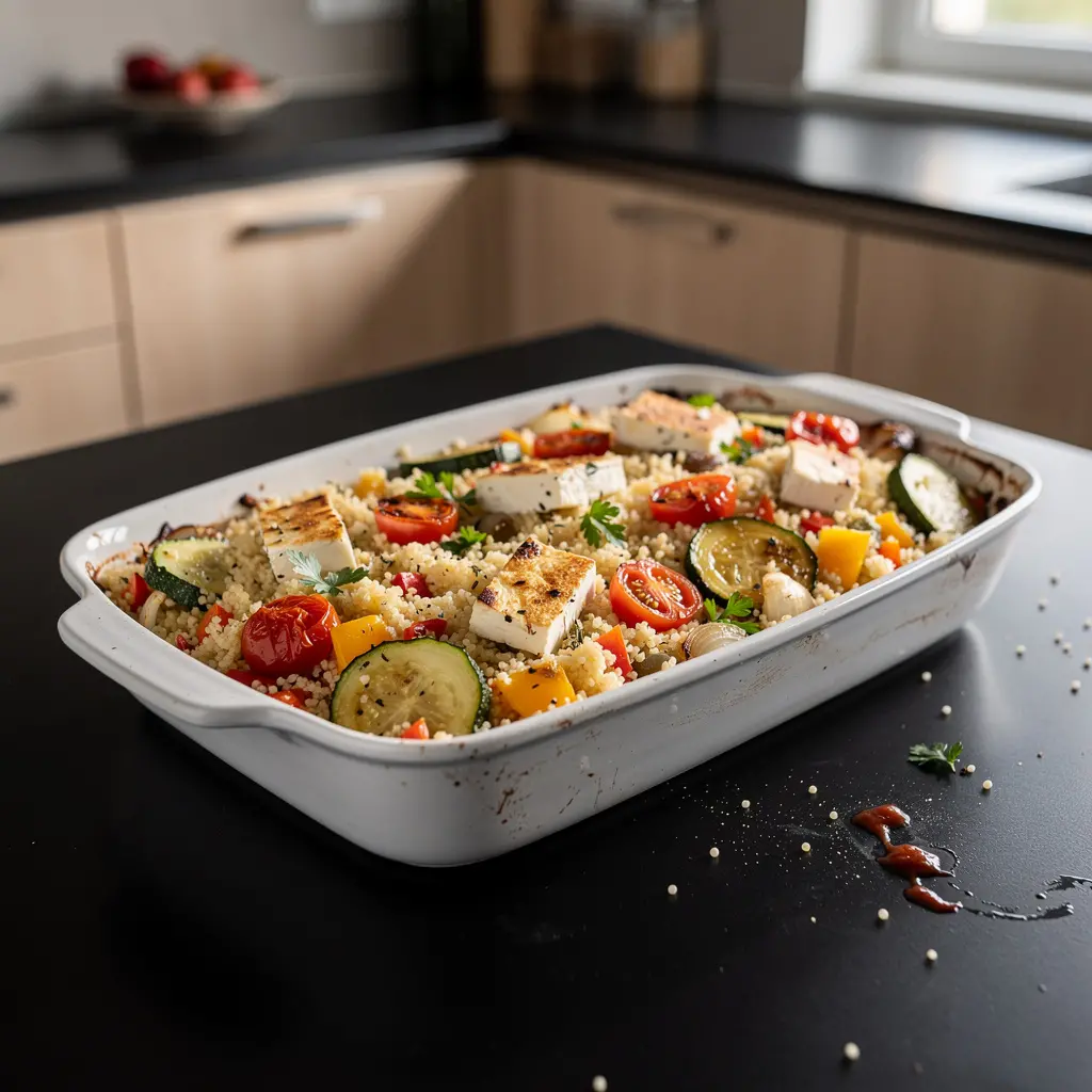 Zapiekanka z kaszą kuskus, warzywami i fetą