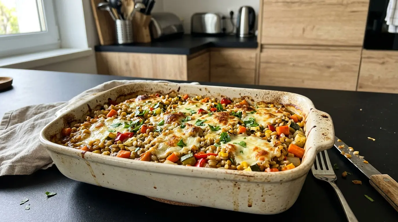 Zapiekanka z kaszą pęczak, warzywami i mozzarellą