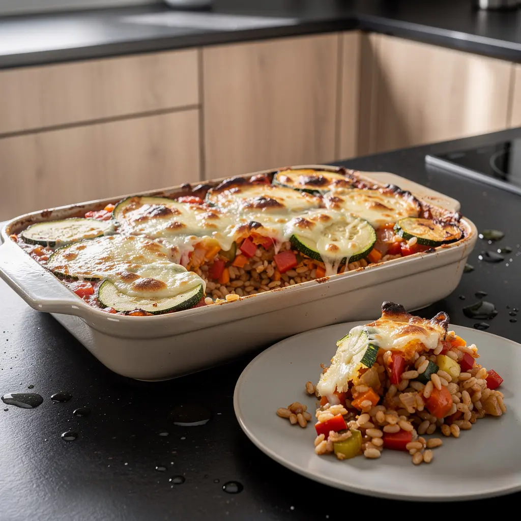 Zapiekanka z kaszą pęczak, warzywami i mozzarellą
