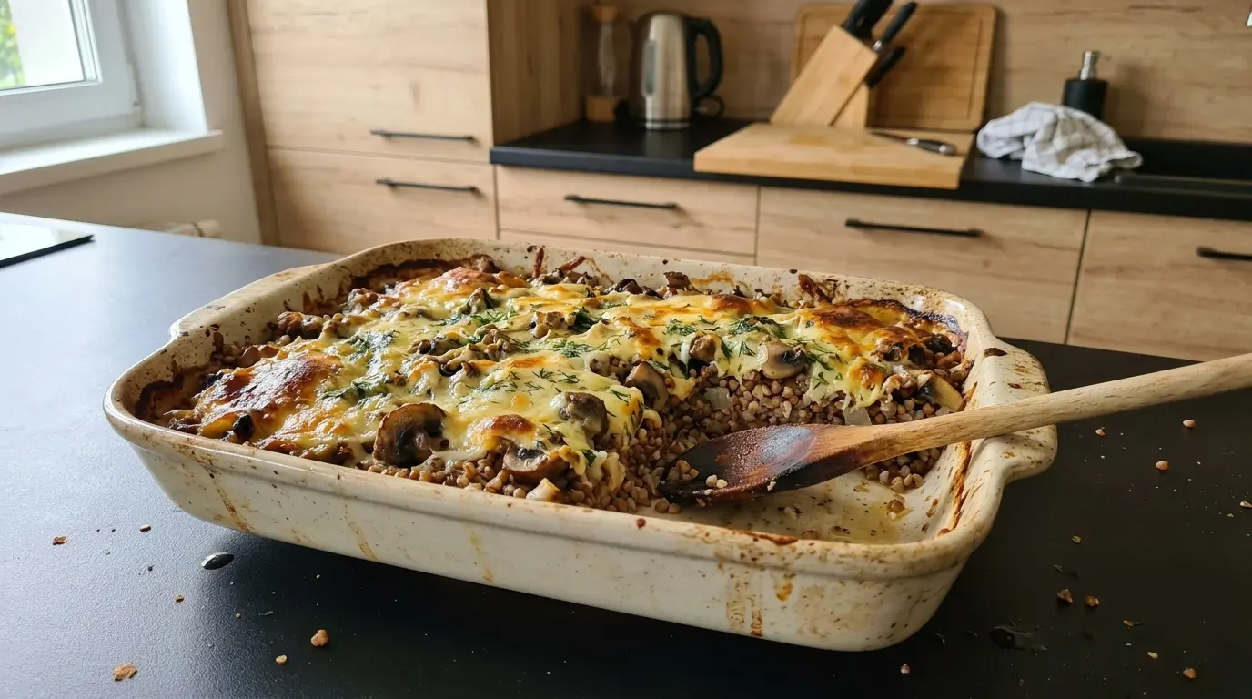 Zapiekanka z kaszy gryczanej z serem i pieczarkami