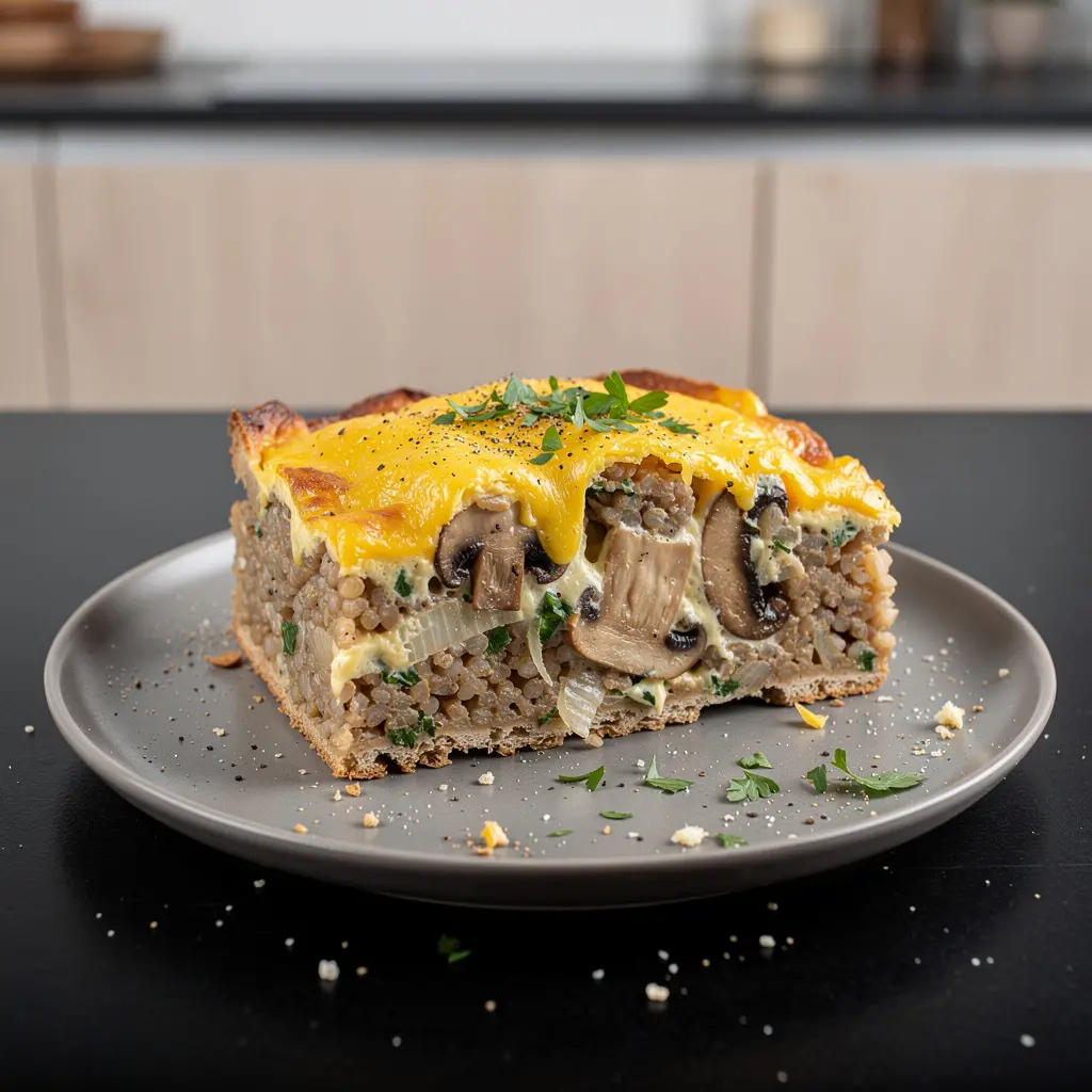 Zapiekanka z kaszy gryczanej z serem i pieczarkami