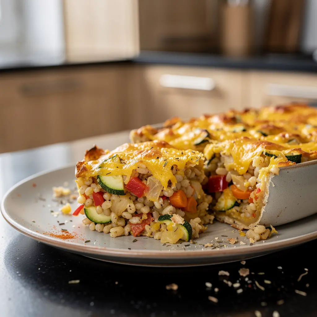 Zapiekanka z kaszy pęczak z warzywami i serem