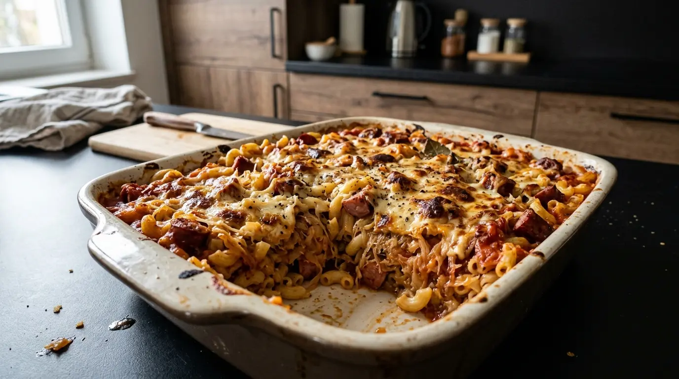 Gratin de pâtes, saucisse et choucroute