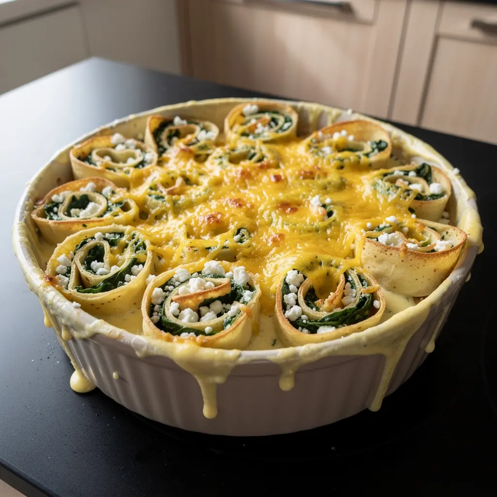 Zapiekanka z naleśników z szpinakiem i serem