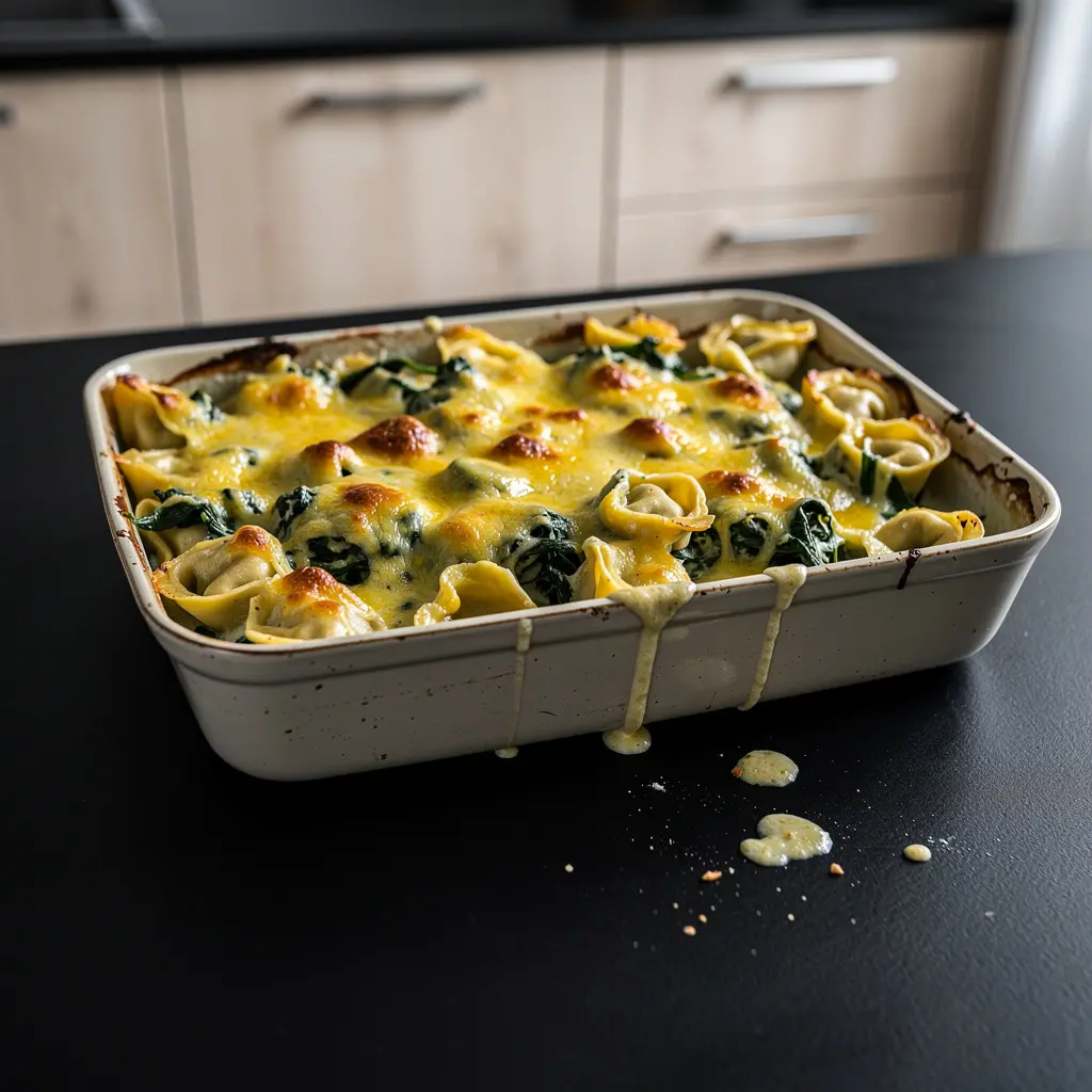 Zapiekanka z tortellini, szpinakiem i serem