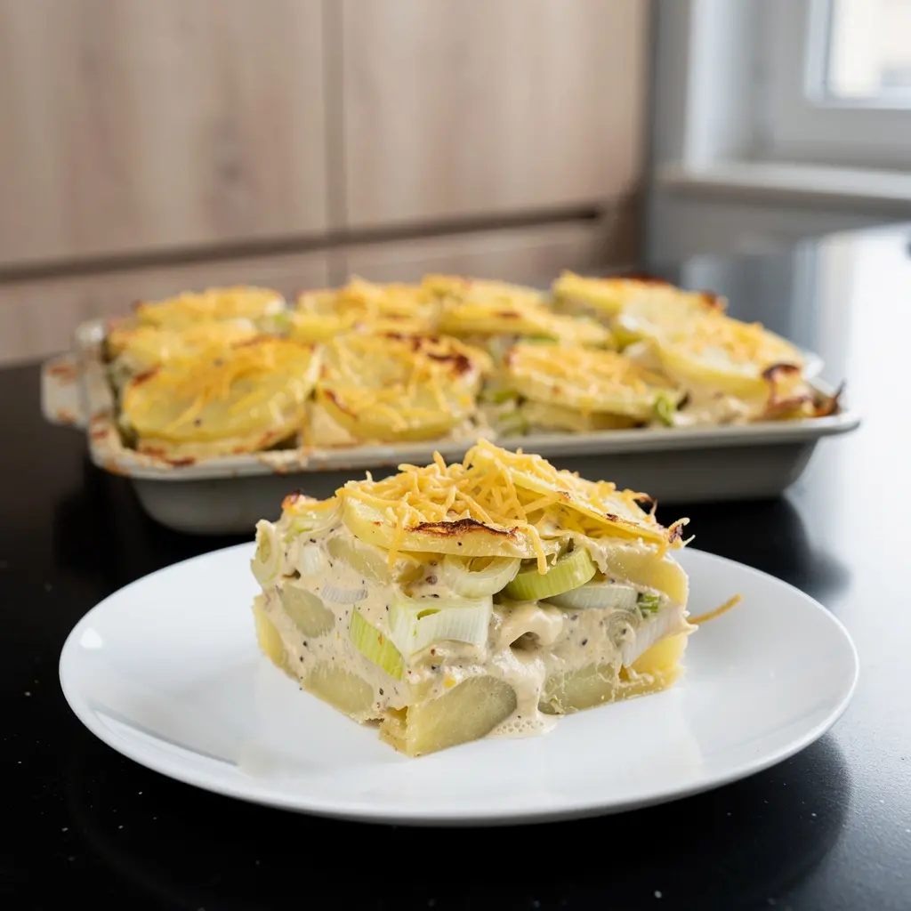 Gratin de pommes de terre, poireau et fromage