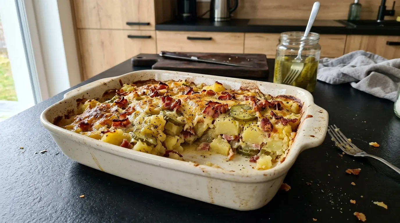 Zapiekanka ziemniaczana z boczkiem i kiszonym ogórkiem