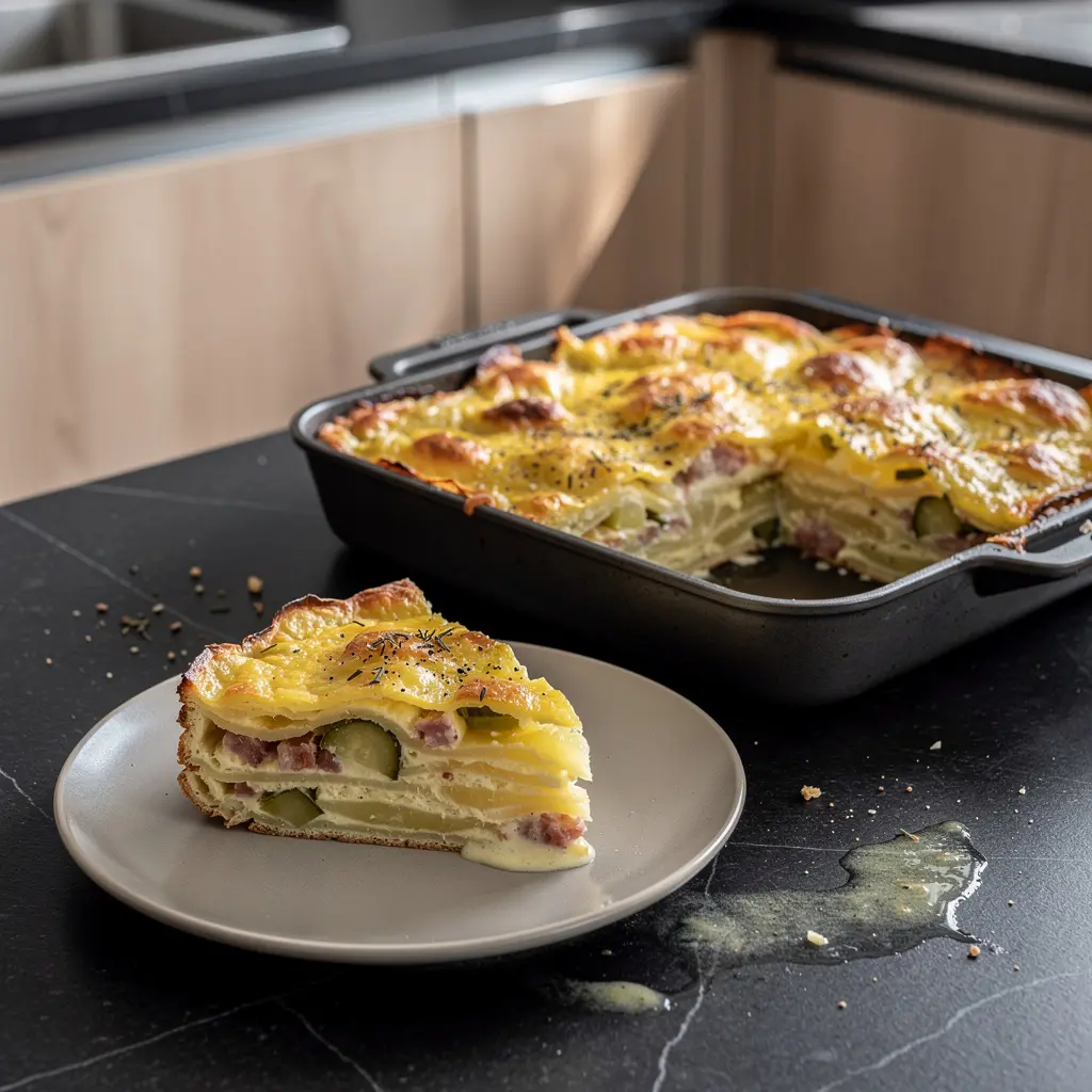 Gratin de pommes de terre au lard et cornichons fermentés