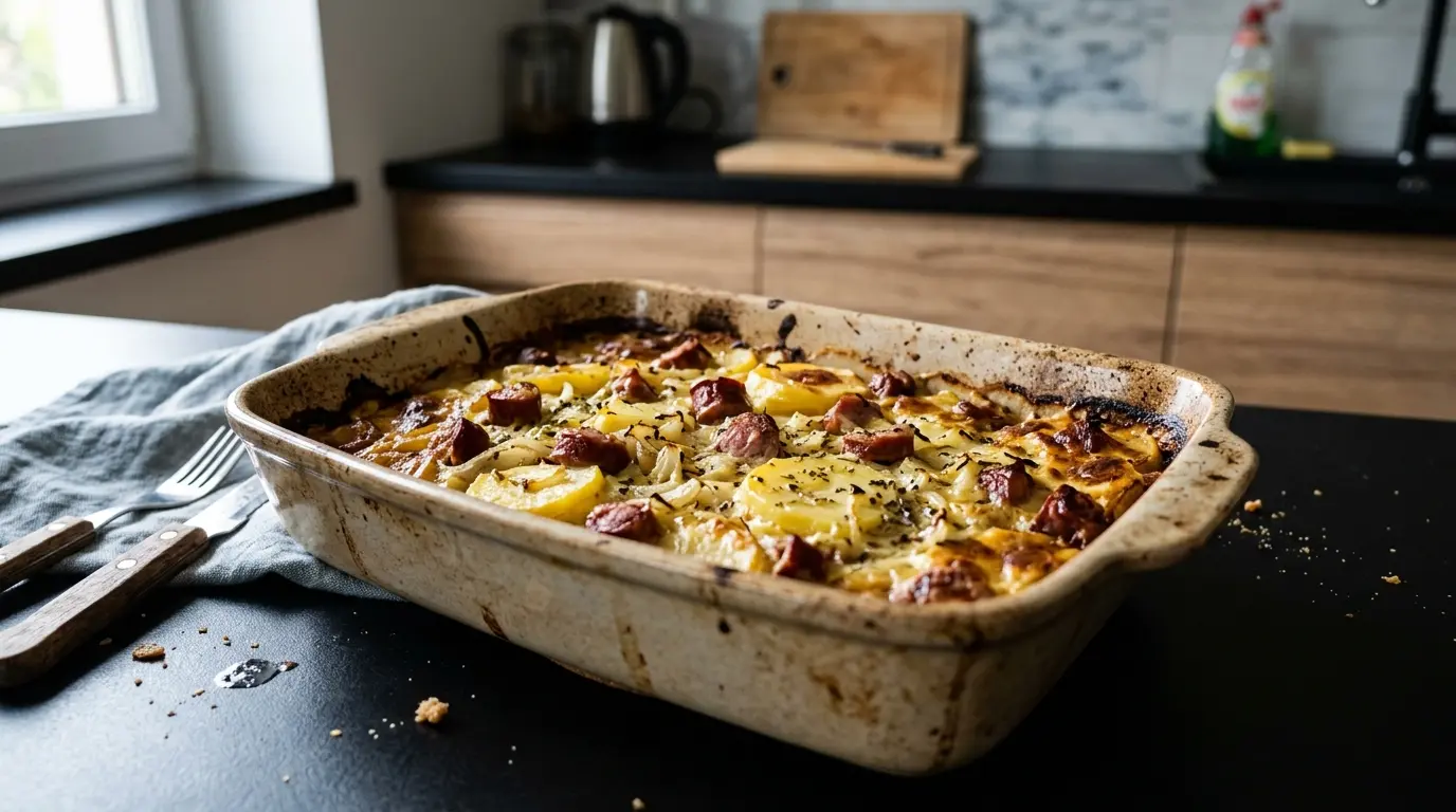 Zapiekanka ziemniaczana z kiełbasą i cebulą