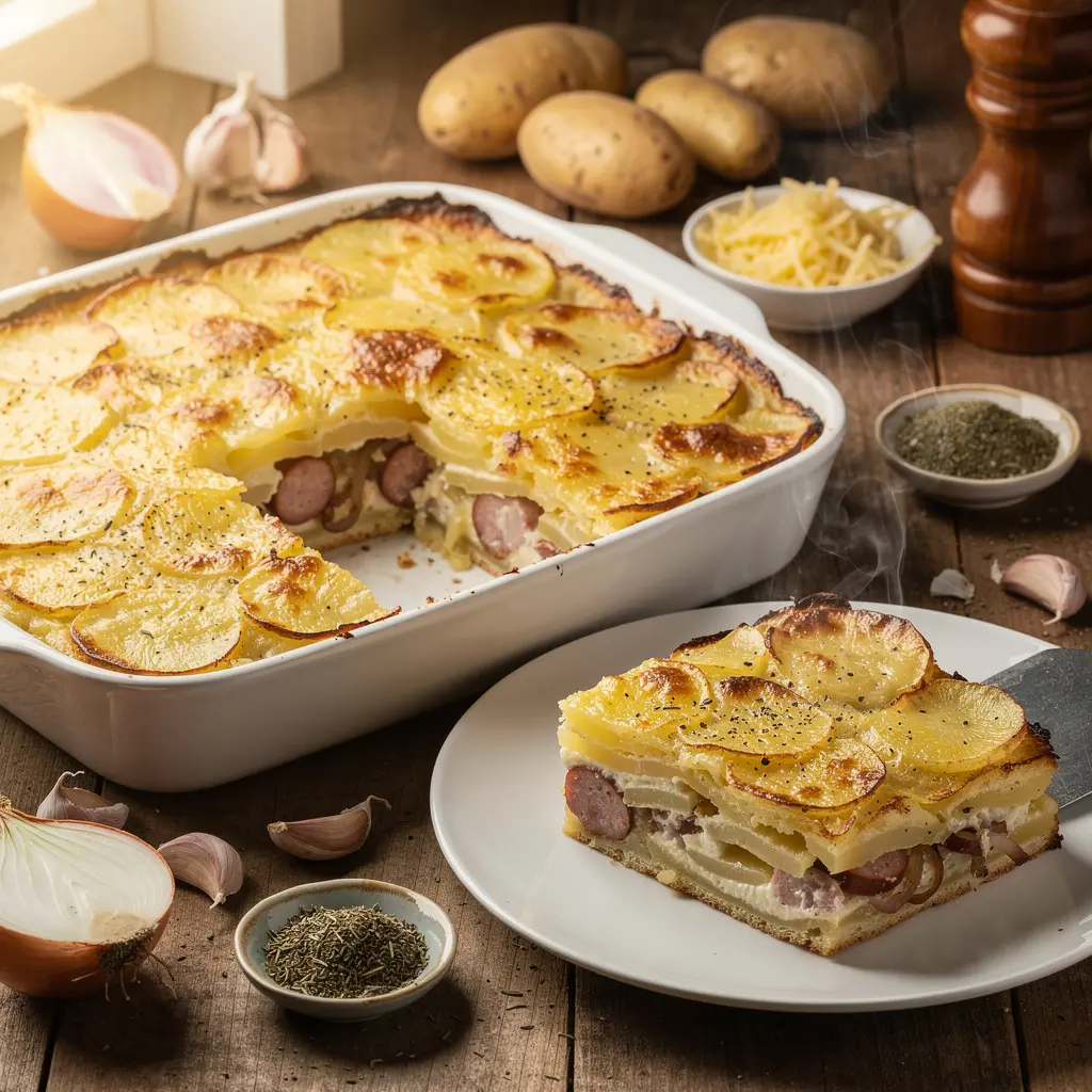 Gratin de pommes de terre à la saucisse et à l’oignon
