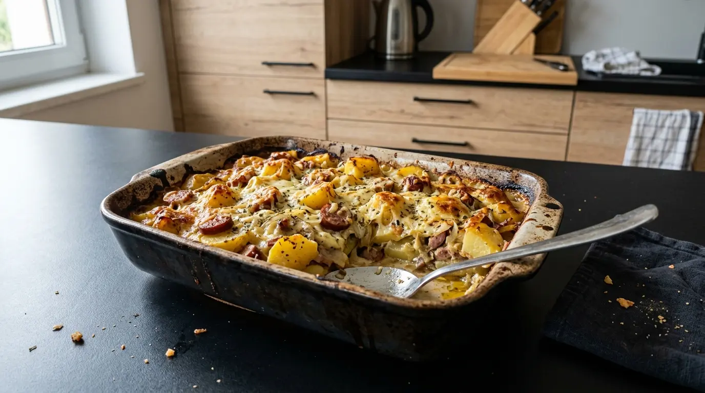 Zapiekanka ziemniaczana z kiełbasą i cebulą