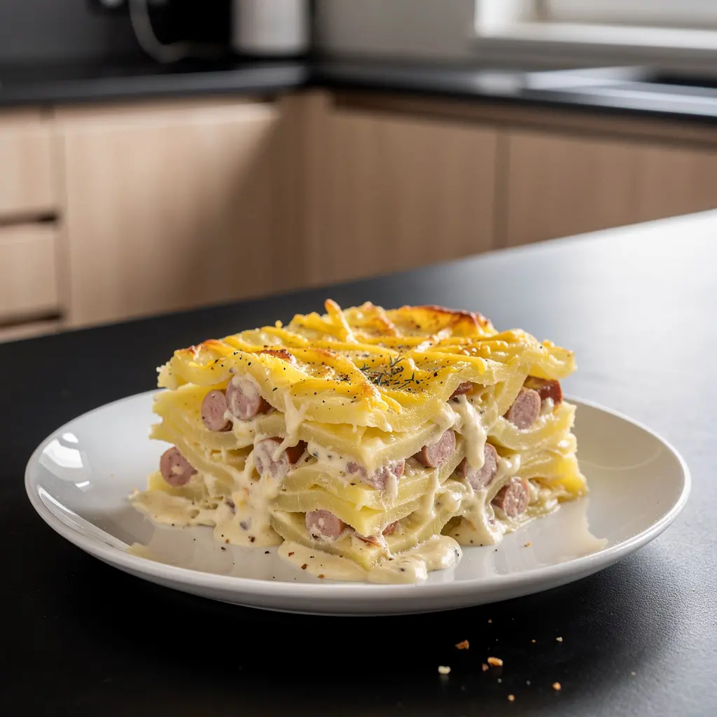 Zapiekanka ziemniaczana z kiełbasą i cebulą