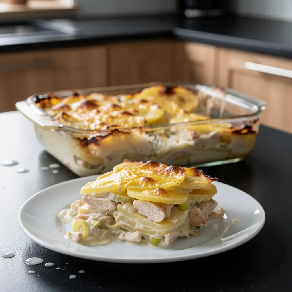 Gratin de pommes de terre au poulet et aux poireaux