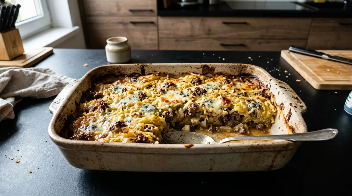 Zapiekanka ziemniaczana z mieloną wołowiną i serem pleśniowym