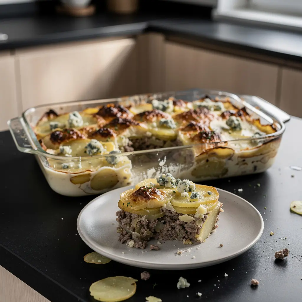 Zapiekanka ziemniaczana z mieloną wołowiną i serem pleśniowym