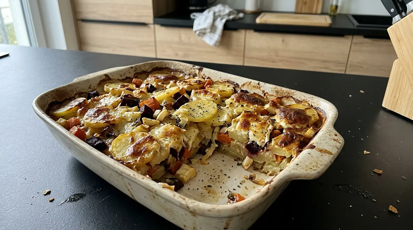 Zapiekanka ziemniaczana z warzywami korzeniowymi i serem kozim