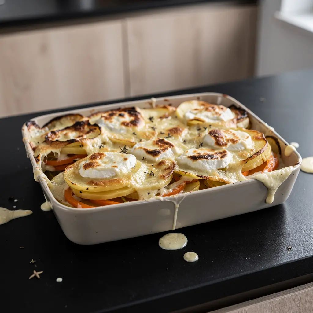 Zapiekanka ziemniaczana z warzywami korzeniowymi i serem kozim