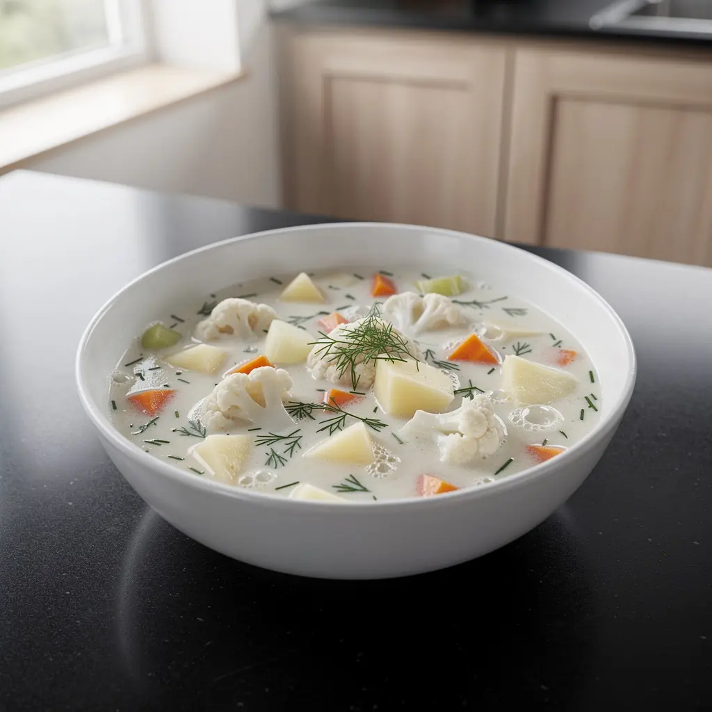 Cauliflower soup with potatoes and dill