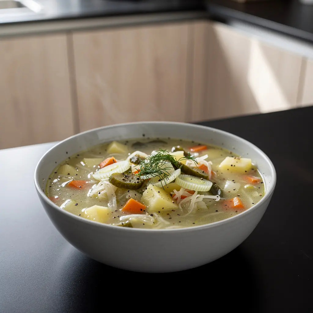 Polish Pickled Cucumber Soup on Vegetable Broth