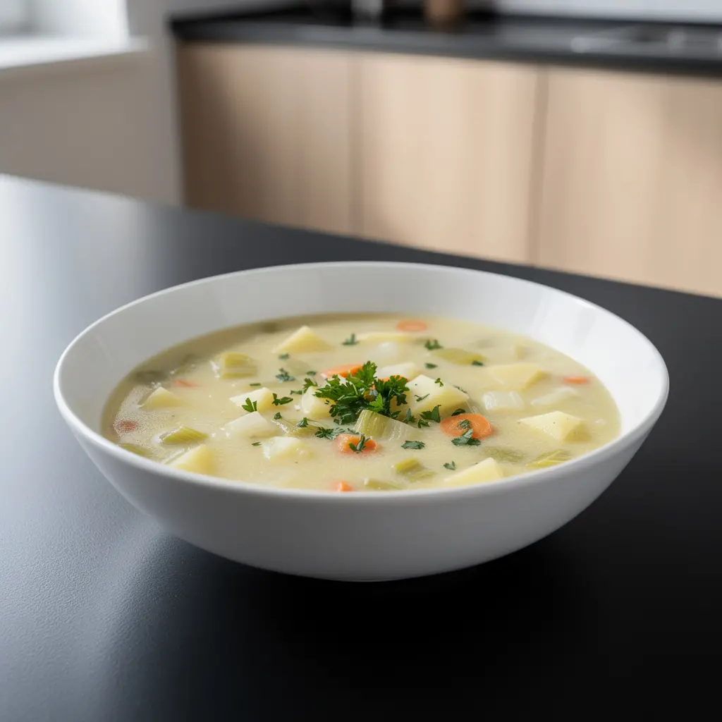 Zupa porowa z ziemniakami i serem topionym