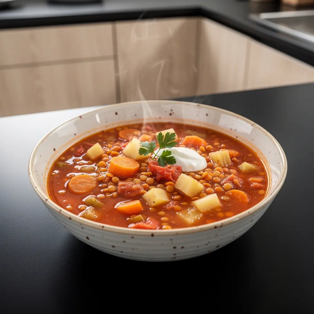 Zupa z czerwonej soczewicy po polsku z marchewką i pomidorami